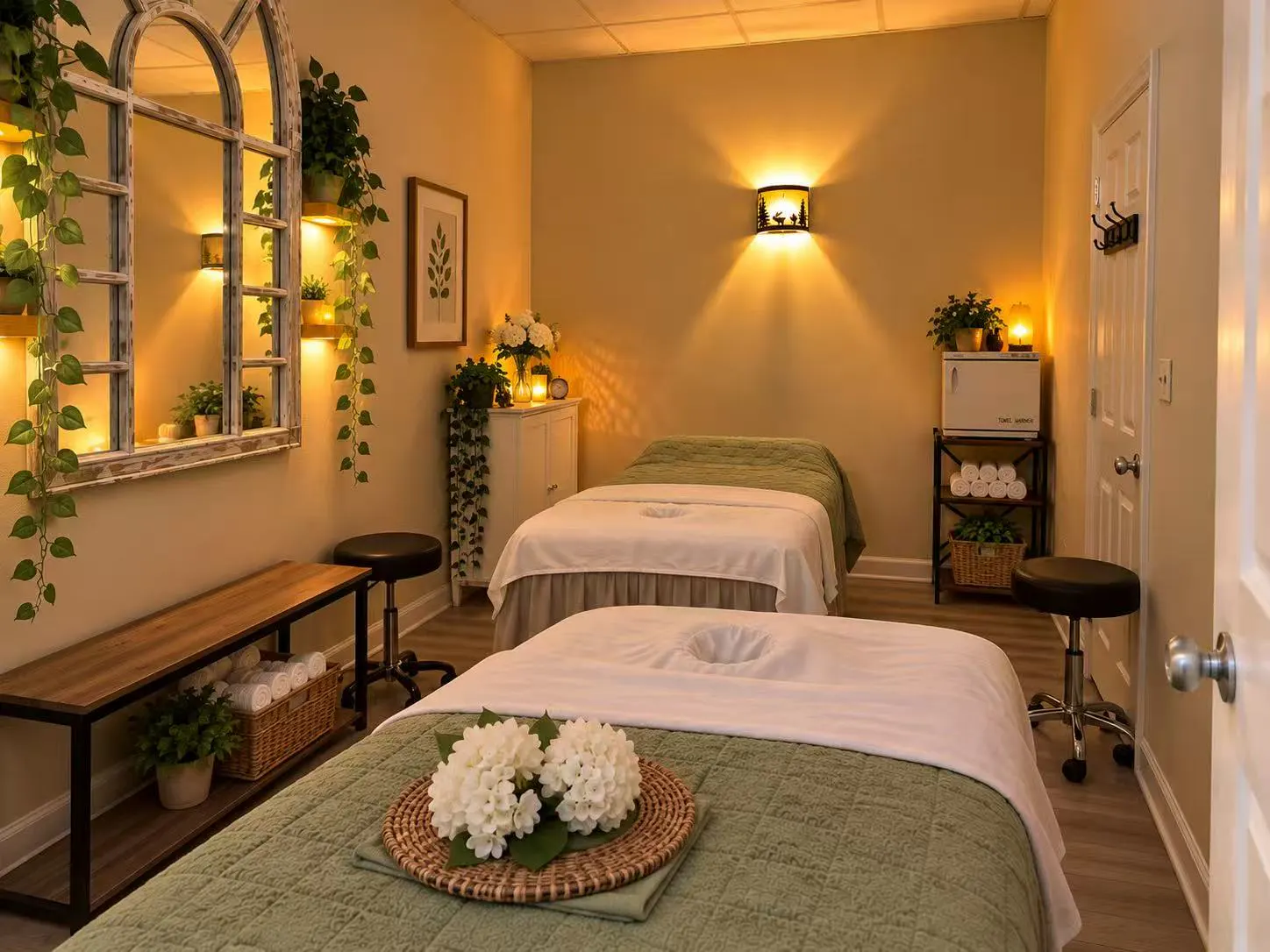 Two massage tables side by side in one room, each made up with a sage-green cover and white sheet