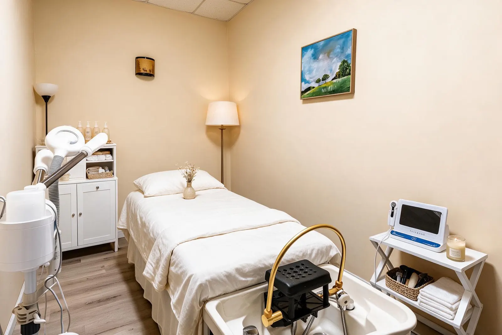 A massage table with a gold-faucet head spa basin at one end and a facial steamer